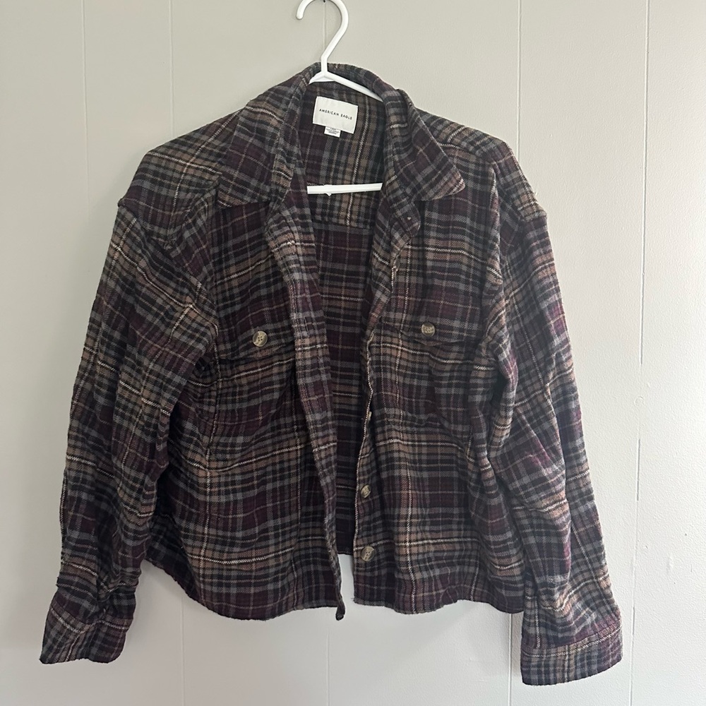 American Eagle Plaid Cropped Button Down Flannel Top